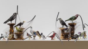 Build me a nest so I can rest Hema Upadhyay (Indian, 1972-2015) 2015 300 handmade river clay birds (made by Kolkata craftsman), altered with acrylic paint, wire, printed text *Courtesy Studio la Città and Hema Upadhyay *Photograph © Museum of Fine Arts, Boston