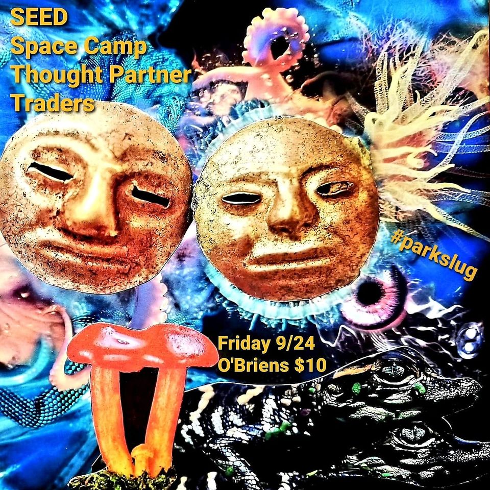 Two distorted masks photoshopped in front of blurry sea creatures with a list of the line up