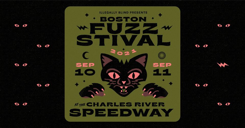 Picture of sign with cat in the middle and the name, date and location of festival. Background has a bunch of cat eyes glowing in the dark.