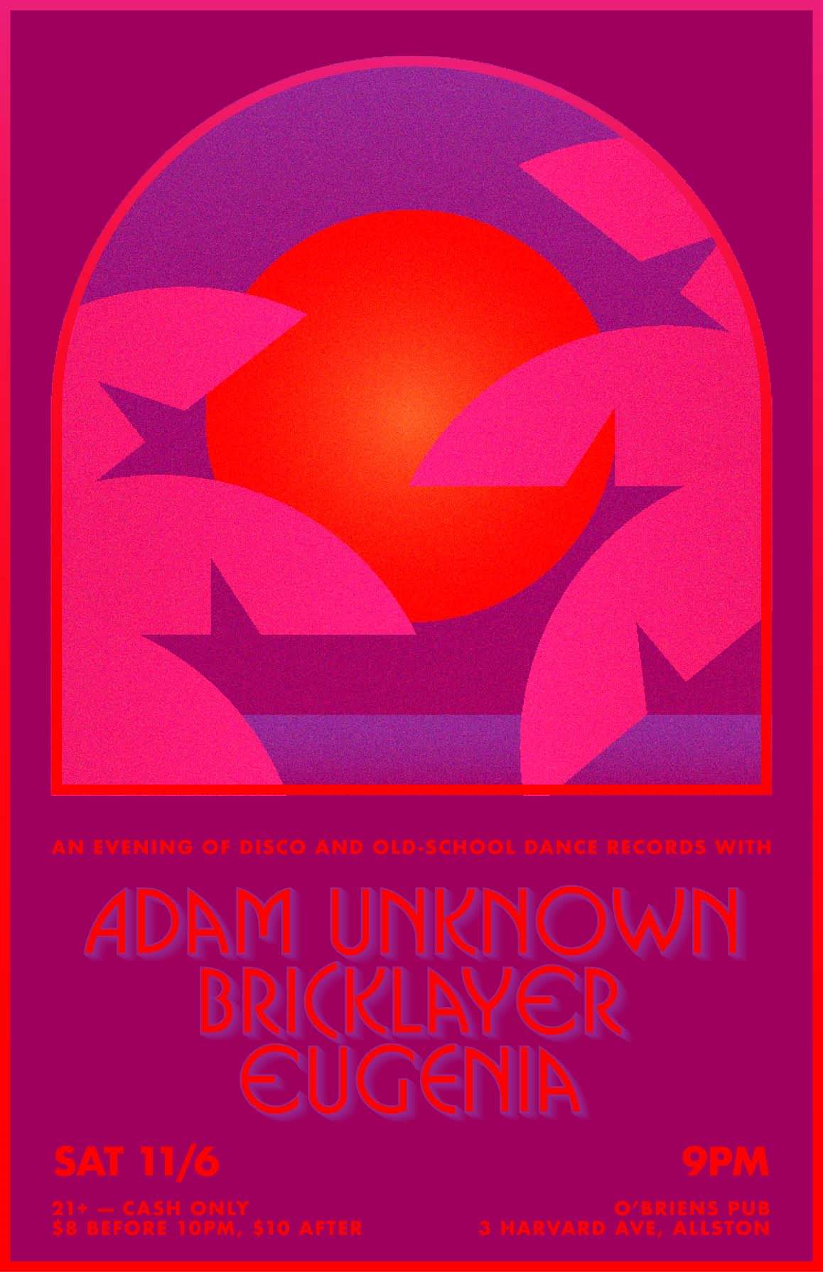 Pink and purple poster displaying same information and a picture of a sun setting over water behind two palm trees