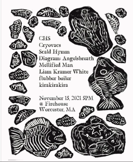 black and white flyer displaying bands and location of show surrounded by drawings of old fossils of fish