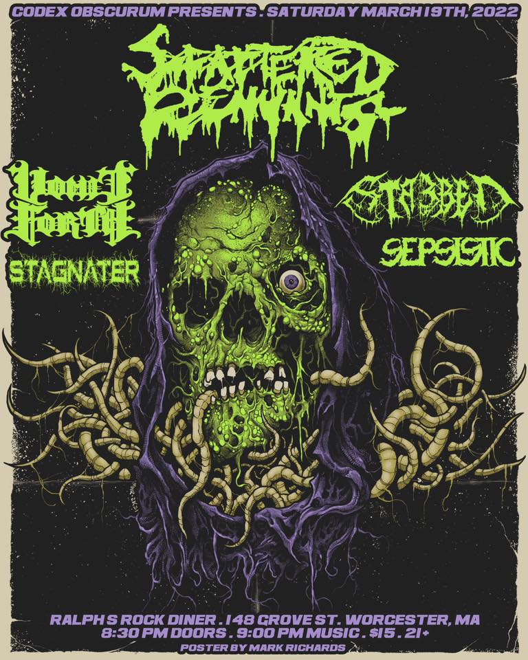 Green melting skull with a hood on and what look like tentacles coming out. Very grimy heavy metal style poster. Bands listed on the top of it.