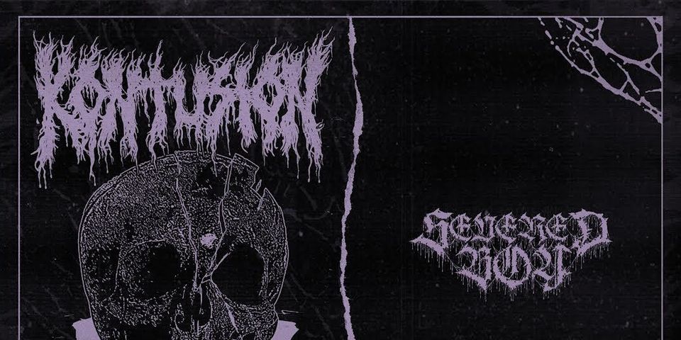 very low quality purple skull with band names in heavy metal font