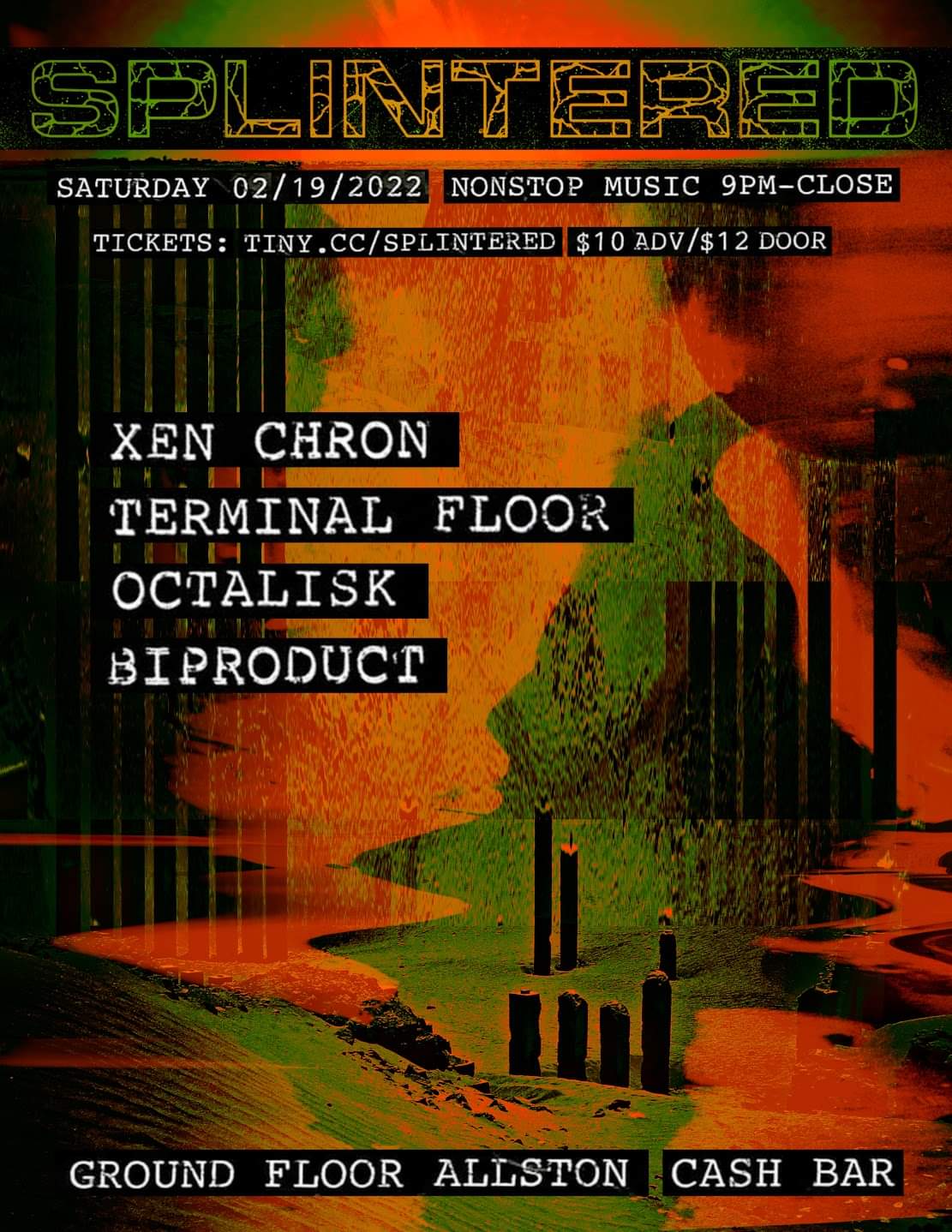 lineup of band behind abstract shapes