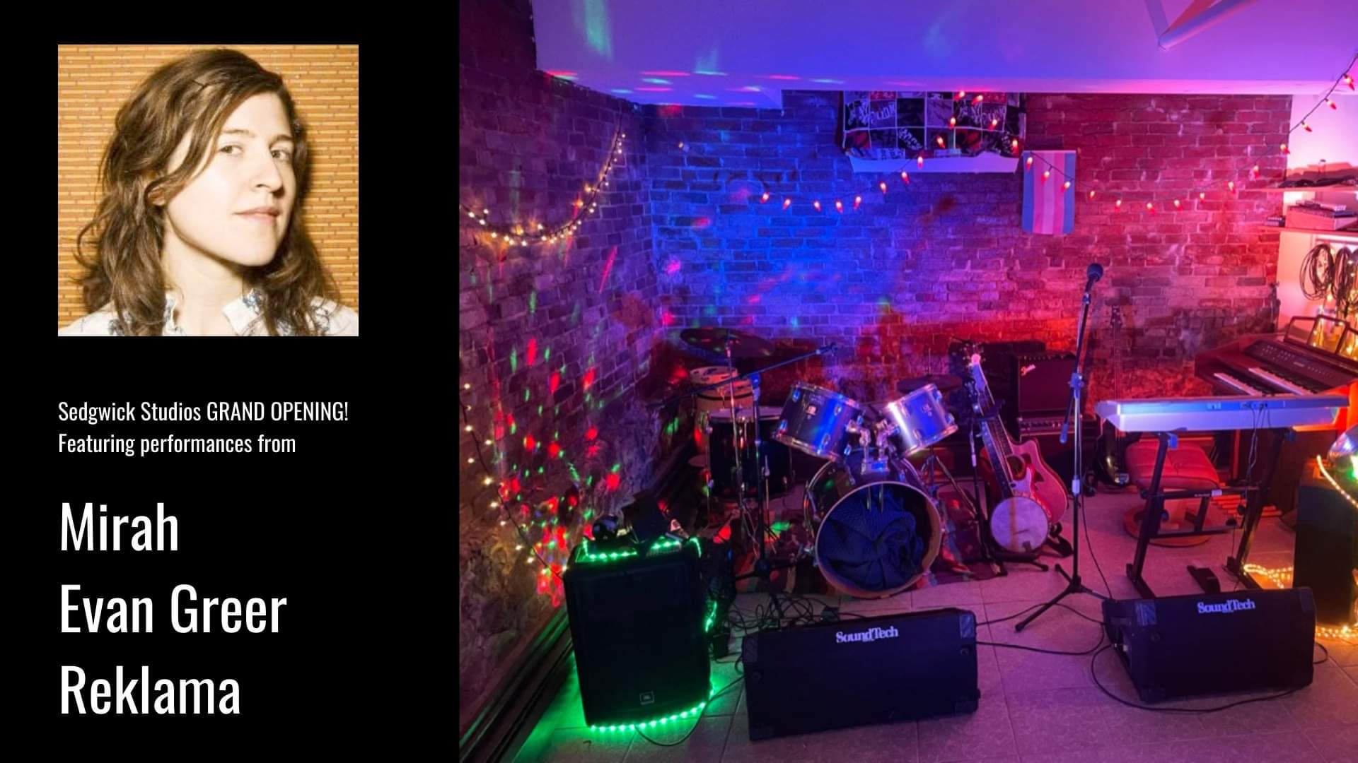 picture of strobe lights in a room with music equiptment set up for a show as well as someone's headshot next to it and the list of bands under that