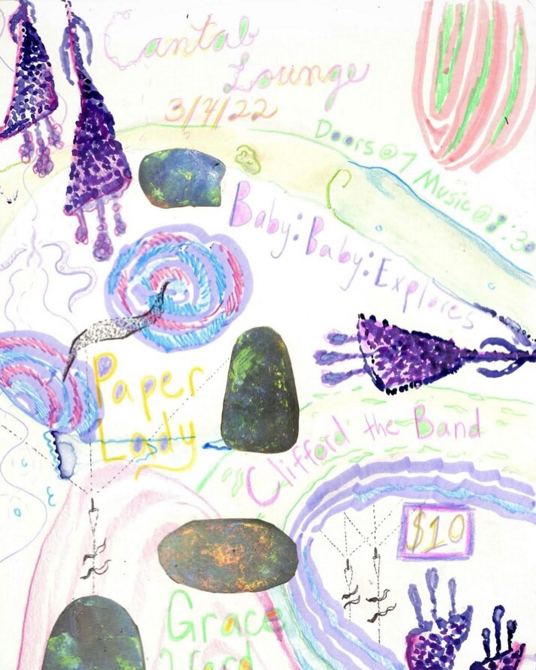 very loosely drawn poster done with crayons describing details of event listed on this page