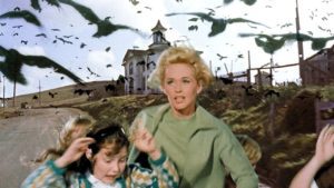 Woman shields children from flock of birds
